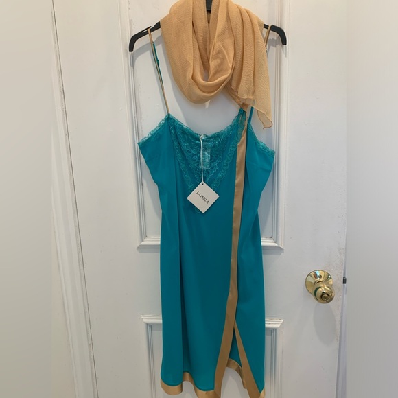 La Perla Other - La Perla Teal and Tan Lace midi Slip Dress